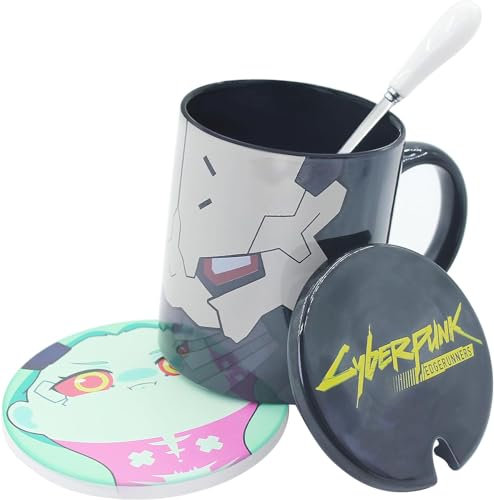 Edgerunners: Anime Mugs Adam Smasher Tasse und Rebecca-Untersetzer, schwarzes Kaffeetassen-Set (schwarze Tasse, Keramik-Untersetzer, Deckel (schwarz)