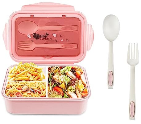 Relota lunch box avec 3 compartiments et cuillère fourchette 1400 ml, bento étanche sans BPA, boite repas pour micro-ondes et Lave-Vaisselle, boîte repas pour adultes enfants travail scolaire, rose