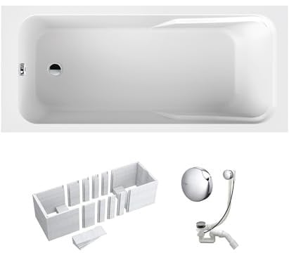 VBChome Badewanne 170 x 80 cm Weiß Acryl SET Wannenträger Siphon Wanne Rechteck Design Modern Styroporträger Ablaufgarnitur in Chrom 170x80 cm