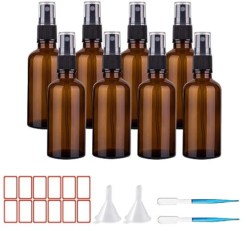 SuQurtom 8 botellas pulverizadoras de cristal ámbar de 50 ml, atomizador de perfume, botella pulverizadora de cristal para aceites esenciales, rellenable de viaje con embudo