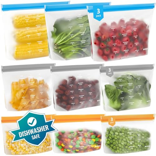 IDEATECH 9 PACK Reusable Freezer Bags, BPA Free Sandwich Bag, Reusable Silicone Food Storage Bag Leak Proof Airtight Container for Lunch, Snacks, Fruits and Vegetables