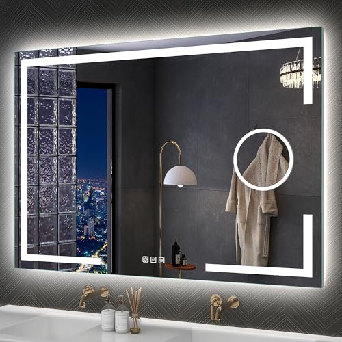 S'bagno Miroir de courtoisie 100 x 70 cm avec éclairage, Miroir de Salle de Bain avec éclairage avec capteur Tactile, 3 températures de Couleur, Variation, prévention de la buée, Montage Mural avec