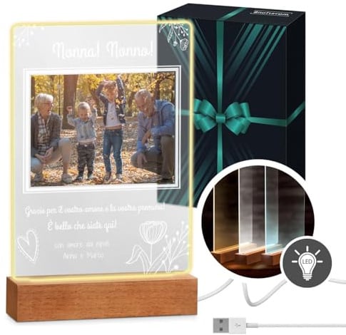 Maverton Cornice LED luminosa con supporto in legno | Quadro in vetro acrilico personalizzato con collage di foto, Per coppia per anniversario o casa nuova, Nonni, L, 15x24x4,5cm
