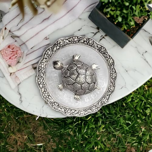 SAUDEEP INDIA Vastu Feng Shui Kristallschildkröte Schildkröte mit Teller für Glück Feng Shui Schildkröte Schildkröte (Silberschildkröte)