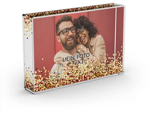 PICANOVA Schüttelrahmen Personalisierte mit Foto für Valentinstag, Paare, Freunde - Acryl-Fotoblock mit Schneekugel Effekt für Foto 15x10 cm - Personalisierte Geschenke - Rose Gold
