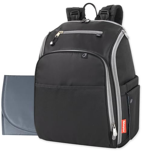Fisher-Price Fastfinder 3-teiliges Set Wickeltaschen-Rucksack für Mütter und Väter mit Wickelunterlage und Feuchttüchertasche, schwarz / grau, Large, Modern