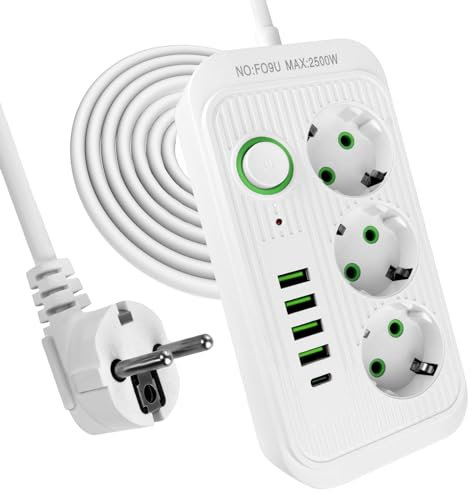 LUFEIS Mehrfachsteckdose mit USB, 3 Fach Steckdosenleiste mit 4 USB und 1 USB C Schreibtisch Verteilersteckdose mit Schalter, 2 Meter Verlängerungskabel, Steckdosenadapter, Steckerleist Steckdosen