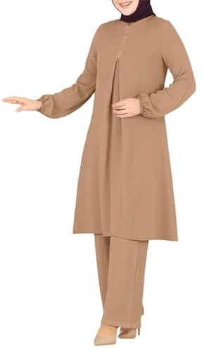 Women Muslim Suit Two-Piece Full Sleeve Top Wide Leg Pants Set Abaya Loose Fit Button Down Shirt Dress Dubai Outfit Turkey Islamic Prayer Set Islamic Robe Abaya Traditional Clothes Khaki