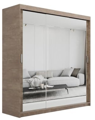 ELUKS SKY Double Sliding Doors Wardrobe with Mirror Drawers Furniture for Bedroom Living Room and Hall Wardrobe Organizer Width 100cm/120cm/150cm/180cm/200cm (Sonoma Oak, 200cm+ 4 drawers)
