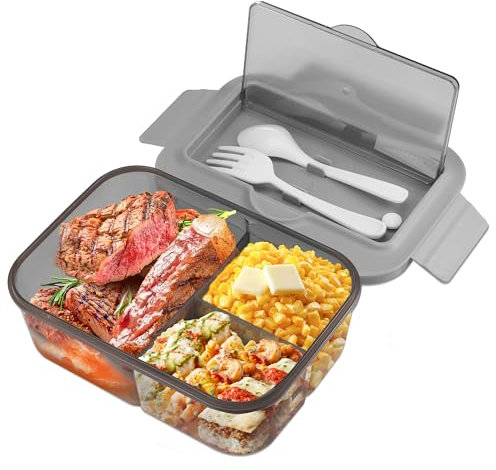 Wrischan Fiambrera, 1400Ml Lunch Box adultos and Niños, Bento Box con 3 Compartimento y Cubiertos, Sin BPA y Microondas Lavavajillas, para Sándwiches, Tentempiés Trabajo Escuela Picnic(Gris)