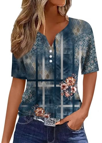 Temu Shop Kleidung Damen Poloshirt Damen T-Shirt Damen Sommer Damen Tunika Sommer V-Ausschnitt Blumen Bedruckt Henley Bluse Bequem Oversize Shirt Musselin Bluse Uv Shirt Damen (Marine, XL)