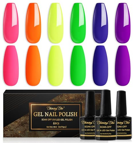 Shining She Neon Gel Nail Polish, 6 Colours Pink Orange Green Blue Purple Gel Polish Set Soak-Off UV/LED Lamp Nail Polish for Women Nail Art Salon DIY Home, 8ML