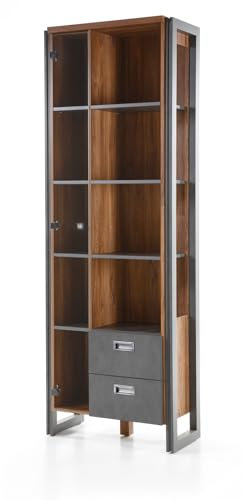 Vitrine in Eiche Stirling und grau Matera Regalschrank Regal 70 x 202 cm für Wohnzimmer und Esszimmer Bücherregal Industrial Design Auburn (Vitrine)