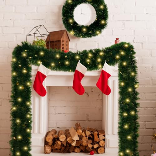 Weihnachtsgirlande Batteriebetrieben 5m 50LEDs tannengirlande mit Beleuchtung Innen Außen Grün Weihnachtsdeko Girlande Weihnachten Warmweiß