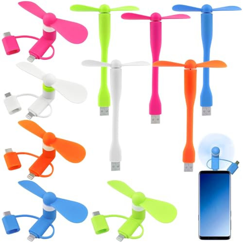 cersaty 5 unidades 3 en 1 mini ventilador para teléfono móvil, 5 V, para i-Phone Type-C y Android, mini ventilador con 5 ventiladores USB (gel de sílice)