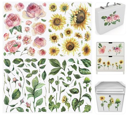 WANDIC Lot de 4 feuilles d'autocollants de transfert à frotter, motif fleurs roses, tournesol, autocollants imperméables pour meubles, scrapbooking