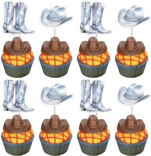 Xsstarmi 36 Pack Cowboy Cupcake Toppers Hat Boot Cupcake Picks Western Cowboy Birthday Cupcake Decorations for Western Theme Baby Shower Birthday Party Cake Decorations Blue