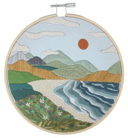 Trimits Embroidery Kits - 15cm 6 Embroidery Beginners Kit, Cross Stitch Kits for Adults, Starter Set with Bamboo Hoop, Fabric, Threads, Needle & Backing - Coast