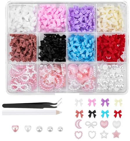 Shirene Bow Nail Charms,500PCS 3D Color Multi Shapes Butterfly Knot Nail Charms with Tweezers Pickup Tool Bow Charms for Nails Nail Art Accessories for Women Girls Decoration Nails