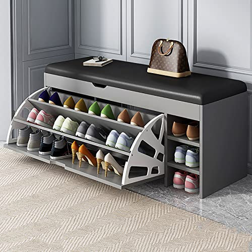 Schuhschrank aus Massivholz mit 3 Klappschubladen und gepolstertem PU-Sitz, Schuhablage mit Schubladeneinsatz für Eingangsbereich und Flur