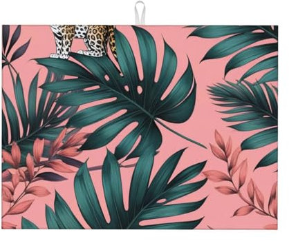 Alfombrilla Escurreplatos Estampado De Hojas De Palma con Estampado De Leopardo Esteras De Secado para Cocina Absorbente Tapete Escurridor, para Fruta, Vajilla, Fregadero, 41x46cm