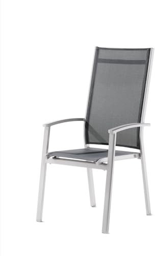 SIEGER Lima Hochlehner Stapelsessel für den Garten, Graphit/Eisengrau, aus Aluminium und Textilux® Kunstfasergewebe mit stufenlos Verstellbarer Rückenlehne Farbe Graphit/Silbergrau