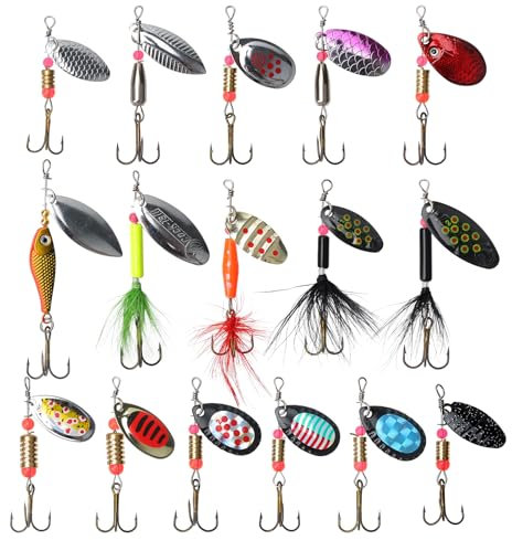 APIELE Angelköder Kunstköder Spinner Blinker 16 Stück Angelköder mit Drillinge Angelset Set für Forellen, Barsch, Lachs, Hecht Zander