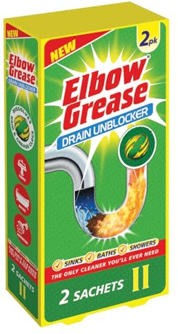 Elbow Grease Drain Unblocker - Dissolves Hair & Grease Clogs | Suitable for Sinks, Baths & Showers (2 Pack Sachets)