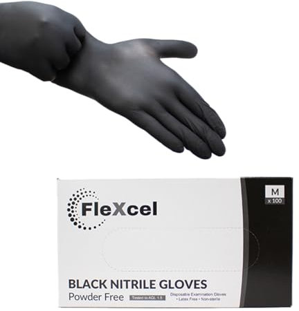 FleXcel Powder Free Nitrile Gloves, Black, Medium - Medical-Grade, Latex-Free, Food Safe (Box of 100)