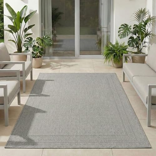 Carpetsale24 Outdoor Teppich Grau 200x290 cm, Wetterfest & UV-beständig, ideal für Küche, Balkon, Terrasse, Garten auch Wohnzimmer und Esszimmer, Einfarbiges Design mit Bordüre, Leicht zu Reinigen