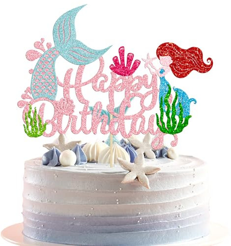 Gyufise 1Pcs Mermaid Happy Birthday Cake Topper Glitter Mermaid Cake Pick Seashells Coral Mermaid Tail Cake Decoration for Under The Sea Baby Shower Birthday Party Supplies Pink