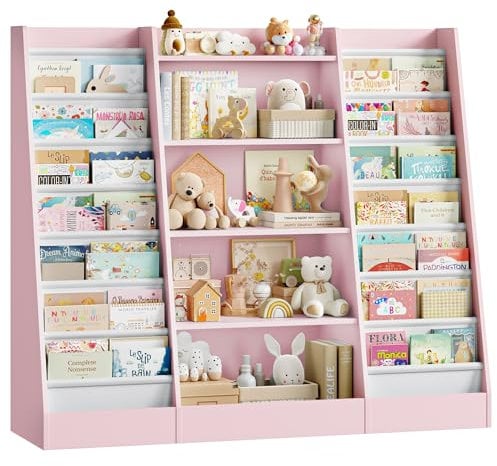 FOREHILL 129 cm Breite Kinderregal, Bücherregal für Kinder mit 14 Ablagen, Kinderzimmer Möbel aus Holz, Spielzeugregal, Regal für Kinderzimmer, Kindergarten, Leseecke, 129 x 120 x 35 cm (rosa)