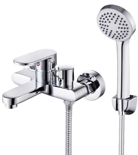 Miscelatore Vasca da Bagno con Soffione Doccia, Rubinetto a Muro Cascata Cromato e Argento, con valvole in ottone, rubinetto per vasca da bagno, termostato per doccia