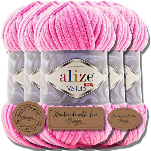 Hobby YARN 3x Etikettenlabel mit Alize Velluto Wolle Premium 5x100g als Set, Chenille Dicke Wolle zum Häkeln Uni Farbe Bulky Amigurumi Baby Kuschelwolle Filzwolle (Cotton Candy - 121)