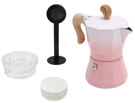 Syrisora Italienische Kaffeemaschine, 150 ml, Einzelventil, Kaffeekanne, 3 Tassen mit Kaffeeverteiler, Löffel, Papierfilter, Brühtopf für den Heimgebrauch (Farbverlauf, Rosa)