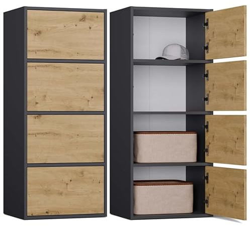 BDW Moderne Kommode ALMA mit 4 Türen, 50 x 119 x 40 cm, Kinderzimmer, Wohnzimmer, Flur, Tip-ON-System - Anthrazit/Eiche Artisan