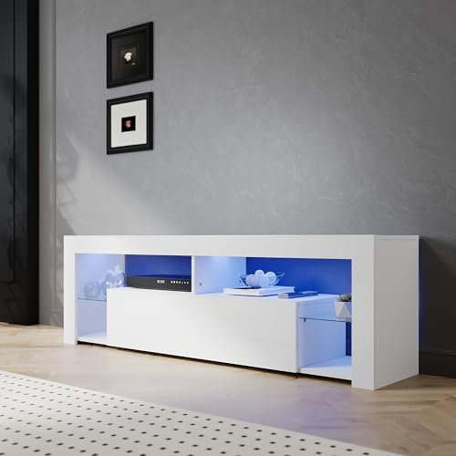 SIRHONA Meuble TV LED Blanc, Banc TV 160x35x50.5cm, Éclairage LED RGB avec Couleur réglable, Capacité de Charge 30 kg, Convient pour Salon ou Chambre