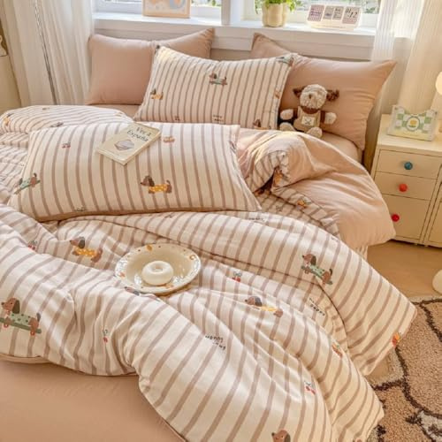 Lanqinglv Bettwäsche 135x200 Dackel Streifen Dachshund Wende Bettwäsche Kinder aus Microfaser - ÖKO-TEX Bettwäsche Set Allergiker - Bettbezug mit Reißverschluss und 1 Kissenbezug 80x80 cm