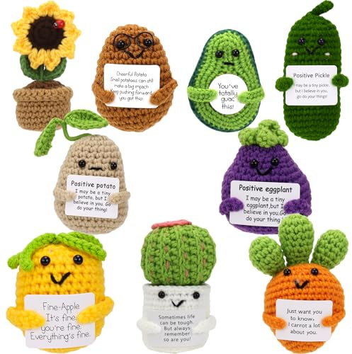Mini Häkel-Geschenkset, Emotionale Unterstützungs-Puppen, 9 Stück Süße Lustige Handgemachte Gemüse und Pflanzen mit Bestätigungskarten, Ermutigungs-Geburtstagsgeschenk für Freunde Raumdekoration