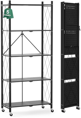 ALANNG Klappregal mit Rädern - Standregal mit 5 Ablagen, Bücherregal aus Metall - Montagefrei & Stabil - Für Küche, Wohnzimmer, Keller, Büro - Schwarz