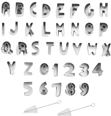 36 Stück Buchstaben Ausstecher, Edelstahl Keksstempel Fondant Zahlen Ausstecher Buchstaben mit 2 Reinigungsbürste für Kinder Backen und Lernspiele Geschirrspülgeeignet