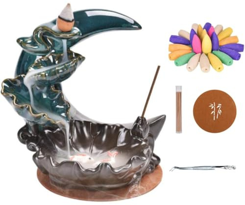 Ant Warrior Brûleur d'encens Cascade, Bruleur encens Fontaine,avec 100 cônes d'encens+30 bâtonnets, Porte encens Cascade, pour la Maison,Bureau,aromathérapie,décoration (Bleu)