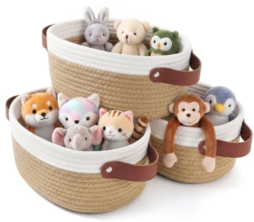 3er Set Spielzeug Aufbewahrungskörbe mit Griffen, für Kinderzimmer Ordnung | für Spielzeug, Bücher, Baumwollseil, waschbar, 30x20 cm (Khaki)