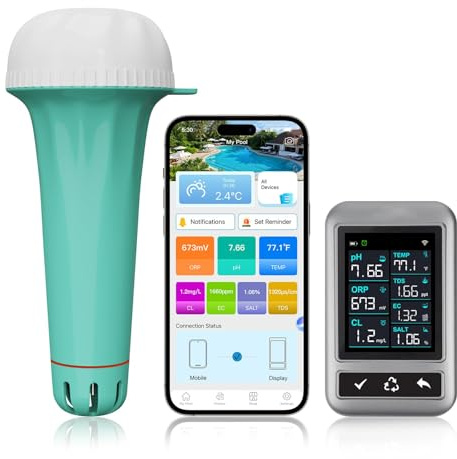 RYAKKA Intelligenter Pooltester 7-in-1, Wiederaufladbar, WLAN & App Steuerung, Automatische Messung für Pool & Whirlpool, Digitaler Wasser Tester für pH, Chlor, Salz, Temp, ORP, EC, TDS(Grau)