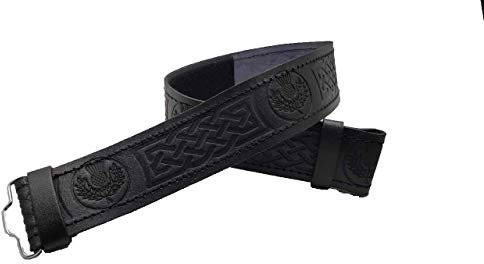 AAR Leder-Kiltgürtel, Distel-Design, schottisches Highland-Zubehör, alle Größen - Schwarz - Large