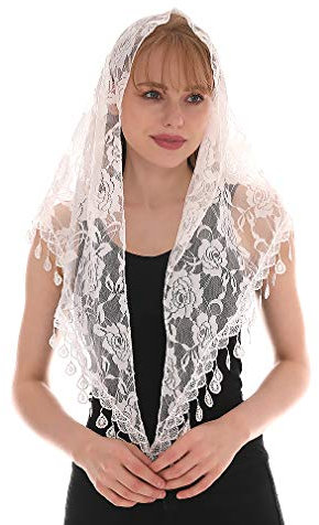 LMVERNA Spitze Infinity Schleier Mantilla katholischer Schleier Kirche Schleier Kopfbedeckung lateinische Masse, Weiss/opulenter Garten, Medium