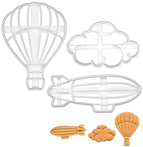 ensemble de 3 emporte-pièces sur le thème de la fête de naissance (motifs: montgolfière, nuage duveteux et dirigeable), 3 pièces