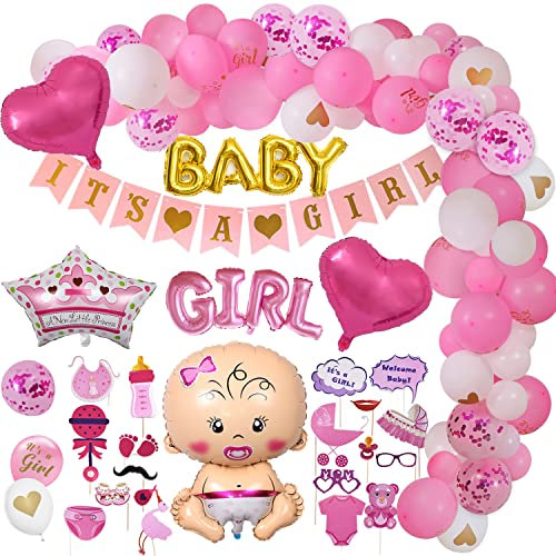 AiYoYo 55 Teile Babyparty Deko Mädchen Set Baby Shower für Mädchen Baby Shower Dekoration Girlande - It's A Girl Girlande, Luftballons, Fotobox,Geschenk - Rosa