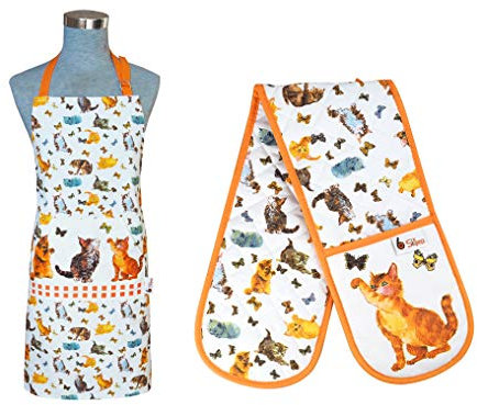 SiXsigma Sports Cooking Chefs Apron's With Double Oven Gloves - Quick Dry Cotton Aprons For Cooking, Baking & BBQ Grill - Perfect Mothers Day Gifts (Cats with Butterfly Apron Double Oven Gloves Set)