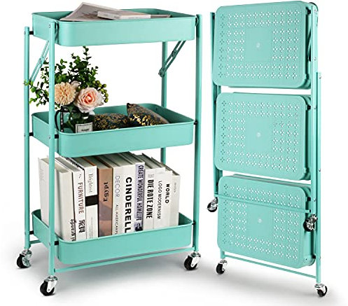 Todeco Klappbarer Rollwagen mit 3 Ebenen, Servierwagen, Küchenwagen aus Metall und Kunststoff, Keine Montage, 46 x 29 x 78 cm, für Bad, Küche (Grün)